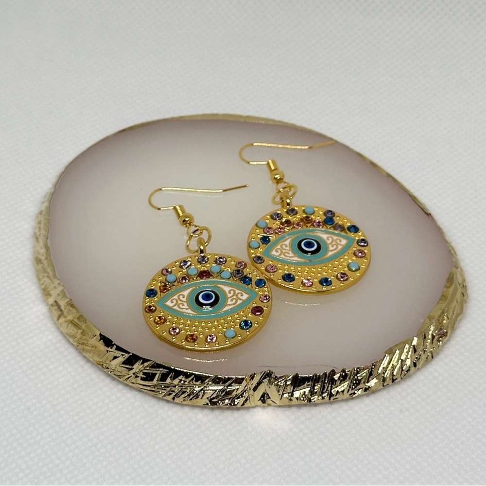 Handmade Devils Eye gold plated earrings with rhinestones